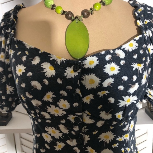 Vintage Y2K Daisy Blouse Puff Short Sleeves Floral Navy - Medium - Picture 7 of 13